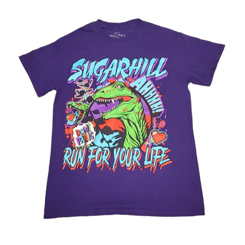 Sugarhill Run For Your Life T-Shirt Purple Dinosaur T-Rex Short Sleeve Sz Small